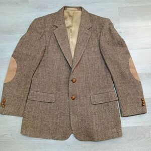 Vtg Woodmere Brown Tan Herringbone Wool Blazer Elbow Patch Blazer 40 R